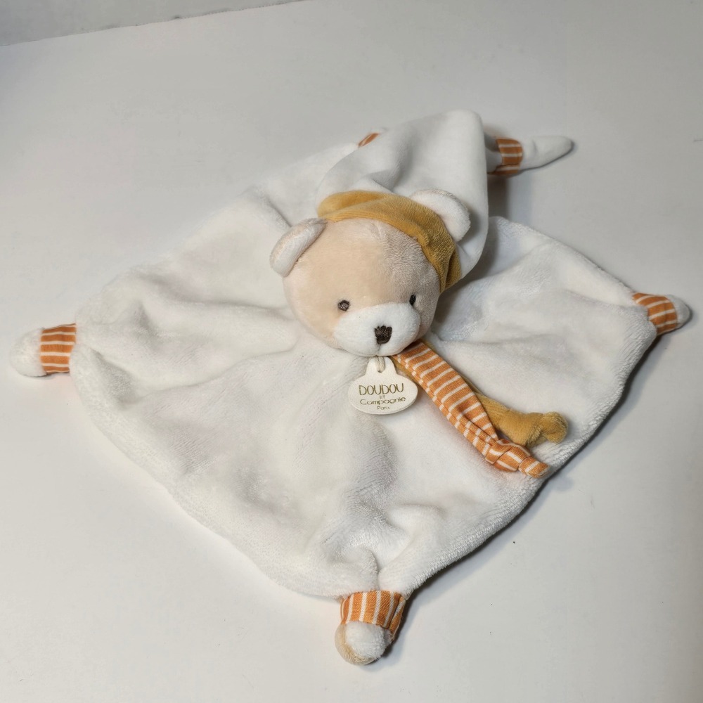 Doudou et Compagnie Paris Bear Lovey Security Blanket White Tan Orange Striped